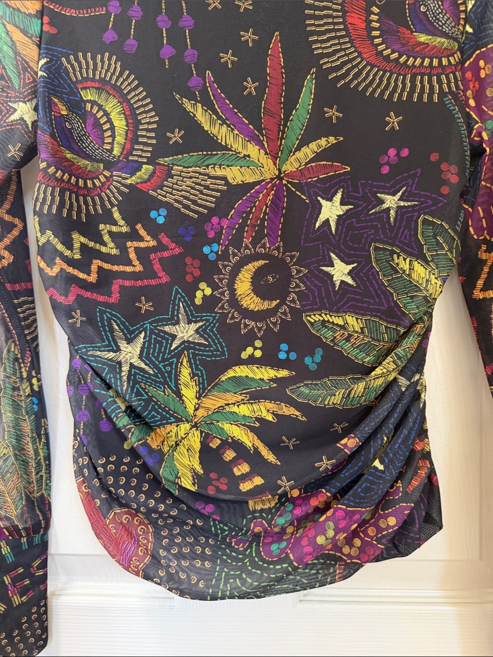 Farm Rio Black Multi-Color Mesh Long Sleeve Top - Picture 2 of 6